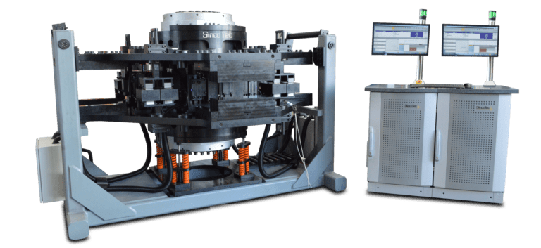 Torsion bending test system for shafts and crankshafts.