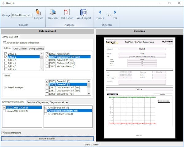 Evaluation software for positively excited testing machines