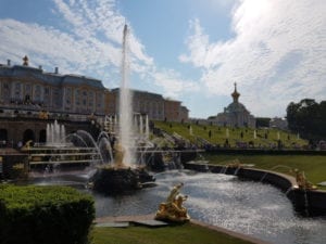 A fountain in a garden.