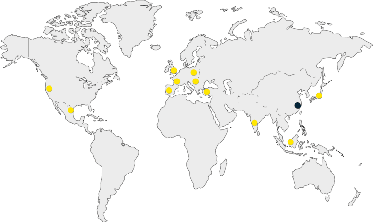 A world map with yellow dots.